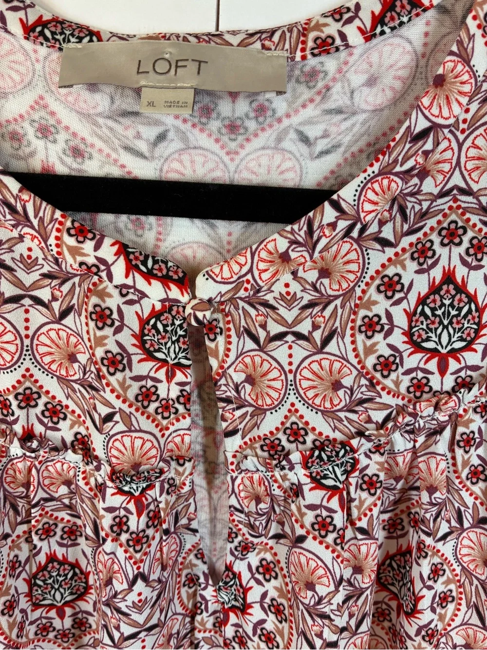 LOFT Boho Floral Medallion Print Keyhole Neck Long Sleeve Blouse Size XL